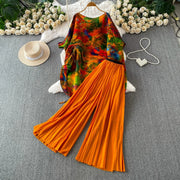 Loose Fit Miyake Style Pleated Matching Suit Women Oversized Bat Sleeve Drawstring Print Tunic + Pleated Wide Leg Pants Set