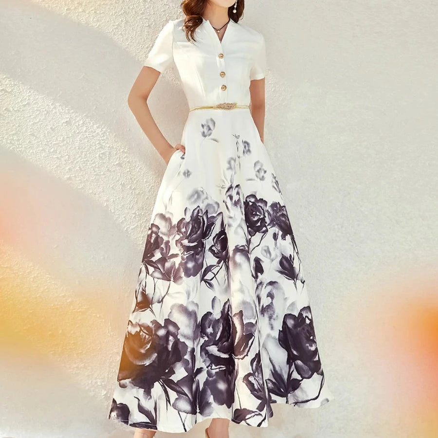 High Quality Slim Fit Elegant Retro Printed V-Neck Long Dress Short Sleeve No Belt / M High Quality Slim Fit Elegant Retro Printed V-Neck Long Dress Short Sleeve No Belt / M