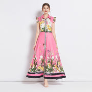 High Quality Sleeveless Ruffle Belted Flower Maxi Dress