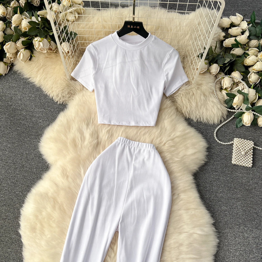 2 Piece Sets High Quality Skinny Crop Tops + Long Flare Pants