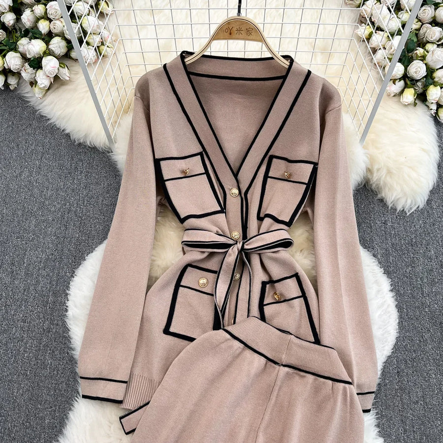 Women's Two-Piece Set Long-Sleeved Lace-up Waist V-Neck Mid-Length Knitted Cardigan Coat + Wide-Leg Pants