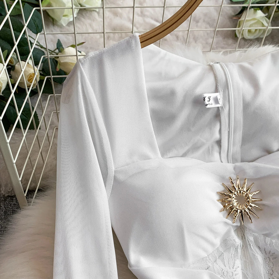 Celebrities Metal Buckle Square Collar with Chest Pad Dress Women's High-end Lace Splicing Mesh Yarn Streamer Elegant Long Dress