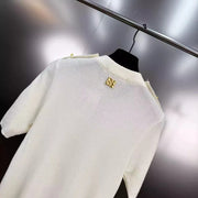 Women's Basic Solid Color Knitted Sweater, Round Neck, Short Sleeve, Patches, Metal Buckles, Temperament