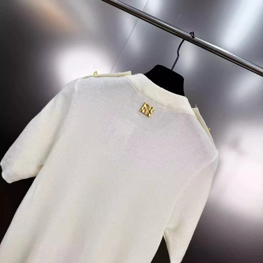 Women's Basic Solid Color Knitted Sweater, Round Neck, Short Sleeve, Patches, Metal Buckles, Temperament