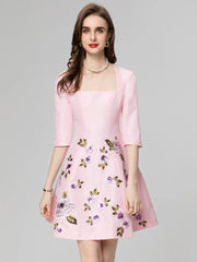 High Quality Elegant Flower Embroidery Pink Black Square Collar Half Sleeve Women Mini Dress