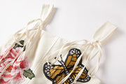 High Quality Spaghetti Strap Floral Print Cotton Linen Long Embroidered Flower Butterfly Dress