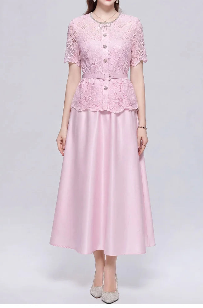 Elegant Beading Diamond Luxury Embroidery Prom Evening Dress Women Summer Short Sleeve Hollow Out Lace Patchwork Belt Long Dress