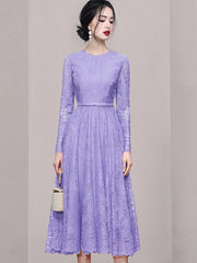 High quality slim waist round neck long sleeve openwork dress