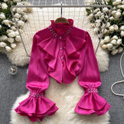 High Quality Elegant Rhinestone Long Sleeve Vintage Blouse