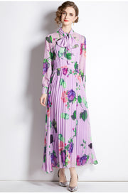 High Quality Floral Print Maxi Long Sleeve Pleated Dress