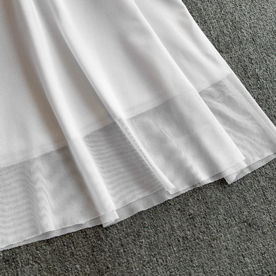 Celebrities Metal Buckle Square Collar with Chest Pad Dress Women's High-end Lace Splicing Mesh Yarn Streamer Elegant Long Dress