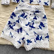 Hollow Out Embroidery 2 Pieces Set Women Stand Lantern Sleeve Pearls Buttons Linen Shirt Top + High Waist Pocket Shorts Suits