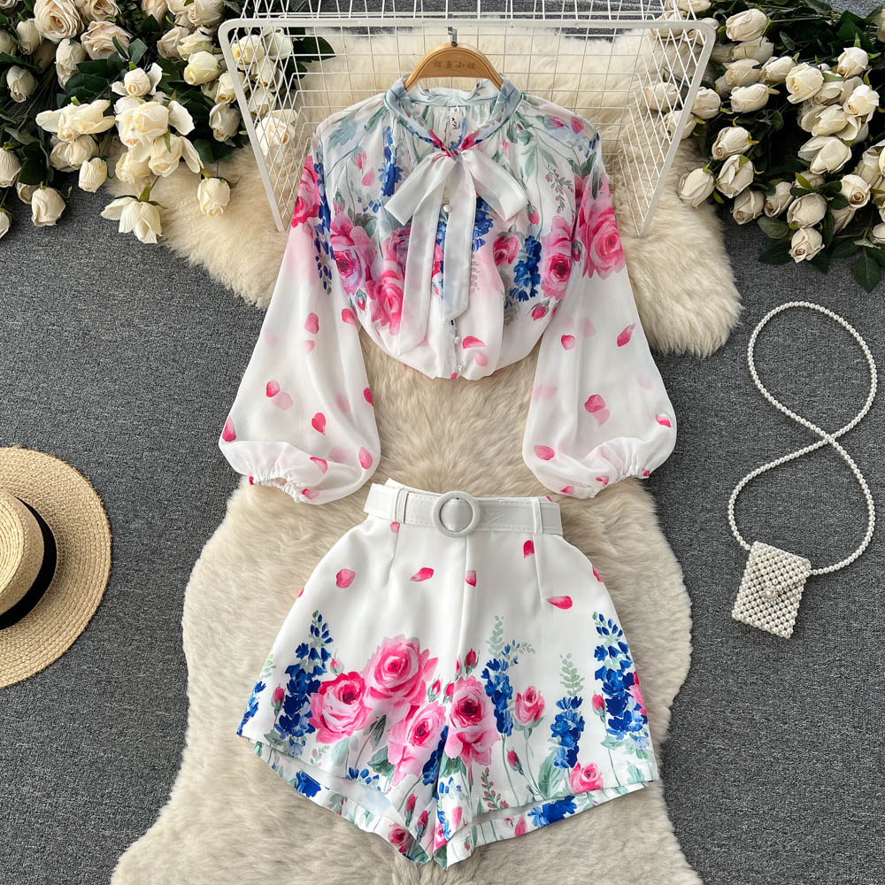 Two Piece Set Flower Print Lantern Sleeve Shirt Bow Neck Top + Belted Shorts High Quality