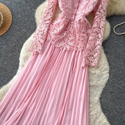 Lace Ruffle Camis Midi Dress Two Pieces Sets V Neck Top  Vintage   Tulle Pleated  Skirt   High Waist A-line Skirt Fall Sets