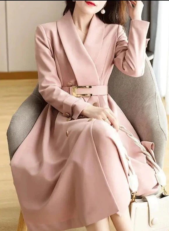 Elegant Long-Sleeved Double-Breasted and High-Quality Dress Pink / M Elegant Long-Sleeved Double-Breasted and High-Quality Dress Pink / M