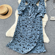 High quality vintage high neck pleated belt lantern long sleeve elegant dress