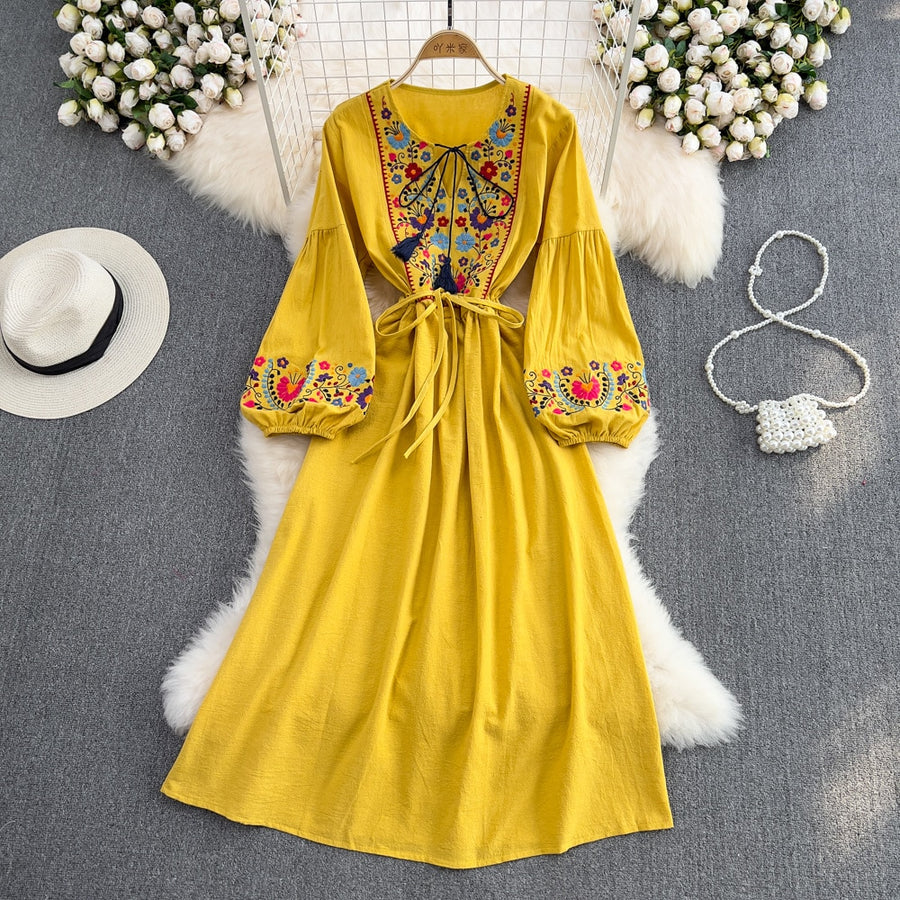 High Quality Tassel Embroidery High Waist Long Sleeve Lace Up A-line Maxi Dress