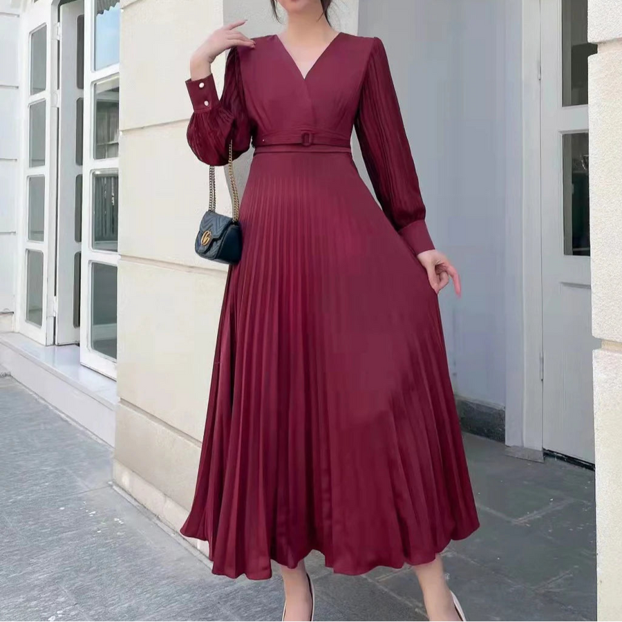 High Quality Bow Front Vintage Belted Bodycon Pleated Long Dress