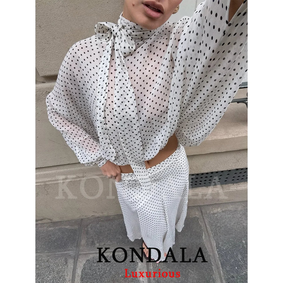 KONDALA Vintage Polka Dot Women Sets Chiffon Bow Tie Loose Blouses Loose Long Skirts Fashion 2026 Spring Summer Holiday Suits