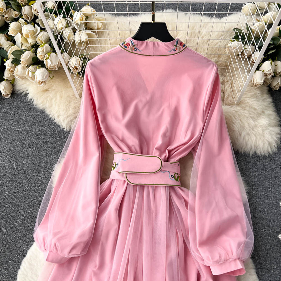 High Quality Pearl Button V Neck Long Sleeve Lace Up Patchwork Mesh Dresses