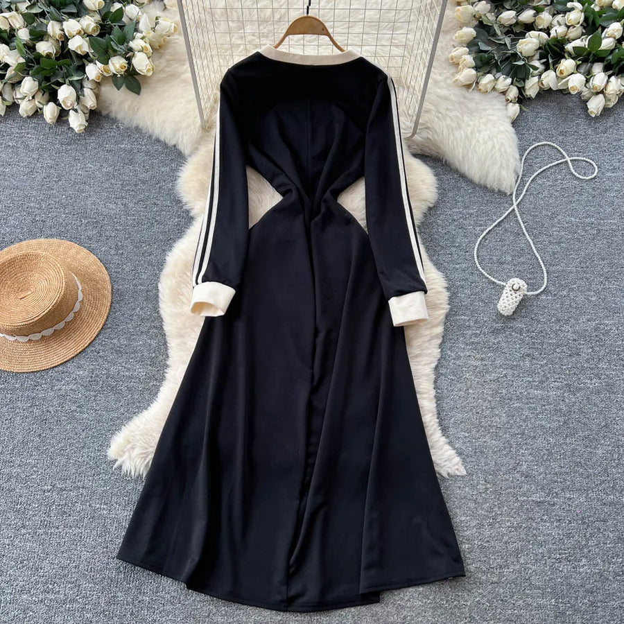 Chic vintage patchwork striped dress Elegant Fairy korean fashion autumn Party women clothing