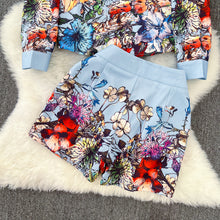 Floral Print Two Piece Set Long Sleeve Shirt + Shorts with Pocket