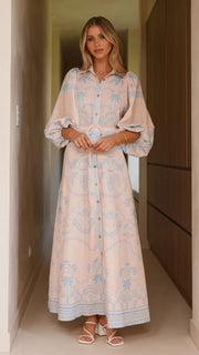 Women Shirt Collar Vintage Floral Print Puff Sleeve Single Breasted Spring Summer Long A Line Cotton Linen Dress