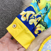 Summer Runway Fashion Sicily Lemon Print Two Piece Outfits Women Long Sleeve Bandage Crop Top＋Beach Pocket Shorts Sets