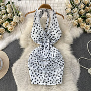 Elegant Sexy Lace Trim Knot V-Neck Halter Woman Dress Summer Ruffle Mesh Polka Dot Mini Woman Party Club Daily Streeywear Dress