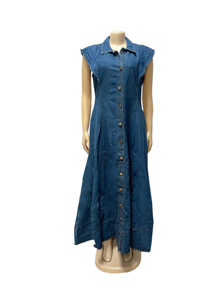 Long Dress Women Denim Dresses A Line Vestidos  Streetwear Turn Down Collar Sleeveless Elegant Casual Loose