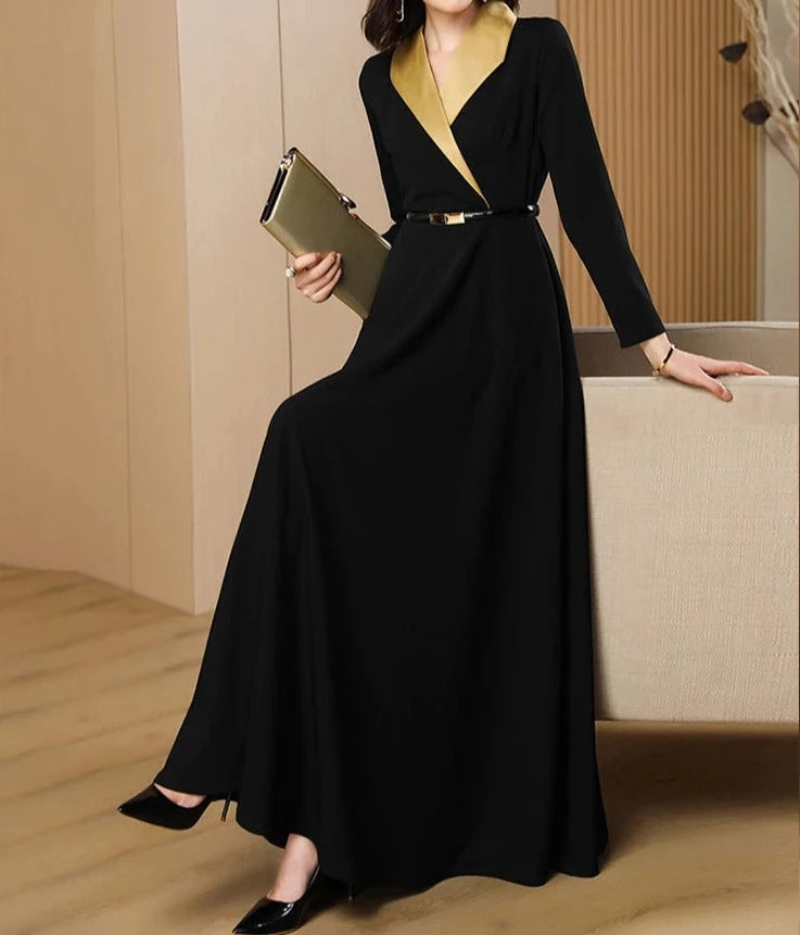 Elegant long sleeve formal dress with high quality midi pocket Black / M Elegant long sleeve formal dress with high quality midi pocket Black / M