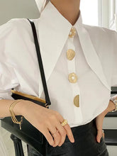 High quality white button down shirt, pointed collar, long puff sleeve