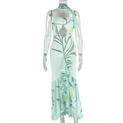 Women's Leaf Print Ruched Maxi Dress with Scarf