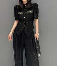 Elegant Long 2 Piece Bodycon Set Lace Stand Collar Shirt And Hollow Out Straight Pants High Quality