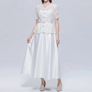 Elegant Beading Diamond Luxury Embroidery Prom Evening Dress Women Summer Short Sleeve Hollow Out Lace Patchwork Belt Long Dress