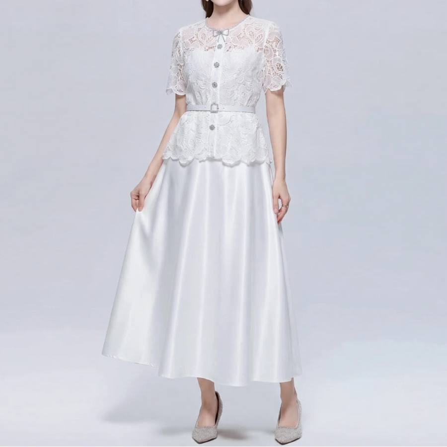 Elegant Beading Diamond Luxury Embroidery Prom Evening Dress Women Summer Short Sleeve Hollow Out Lace Patchwork Belt Long Dress