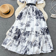 Vintage Turndown Collar Short Sleeve Ink Print High Quality Leather Belt Maxi Dress