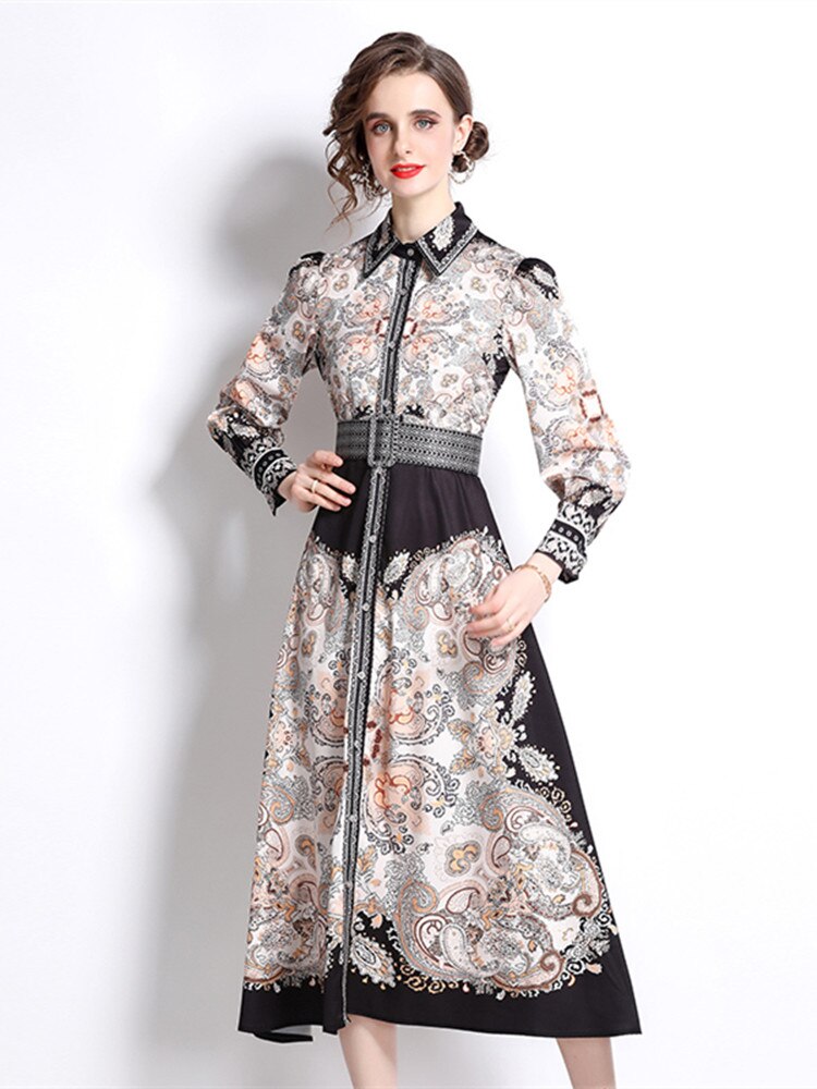 High Quality Flower Print Elegant Belted Long Flare Sleeve Dresses