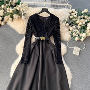 High Quality Vintage Elegant Fleece Lace Stitching Satin Belted V Neck Long Dress