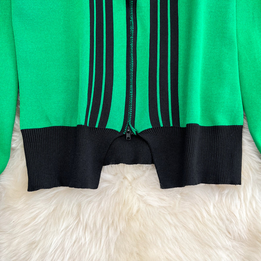 Two Piece Set Stripe Zipper Cardigan + High Quality Harem Pants