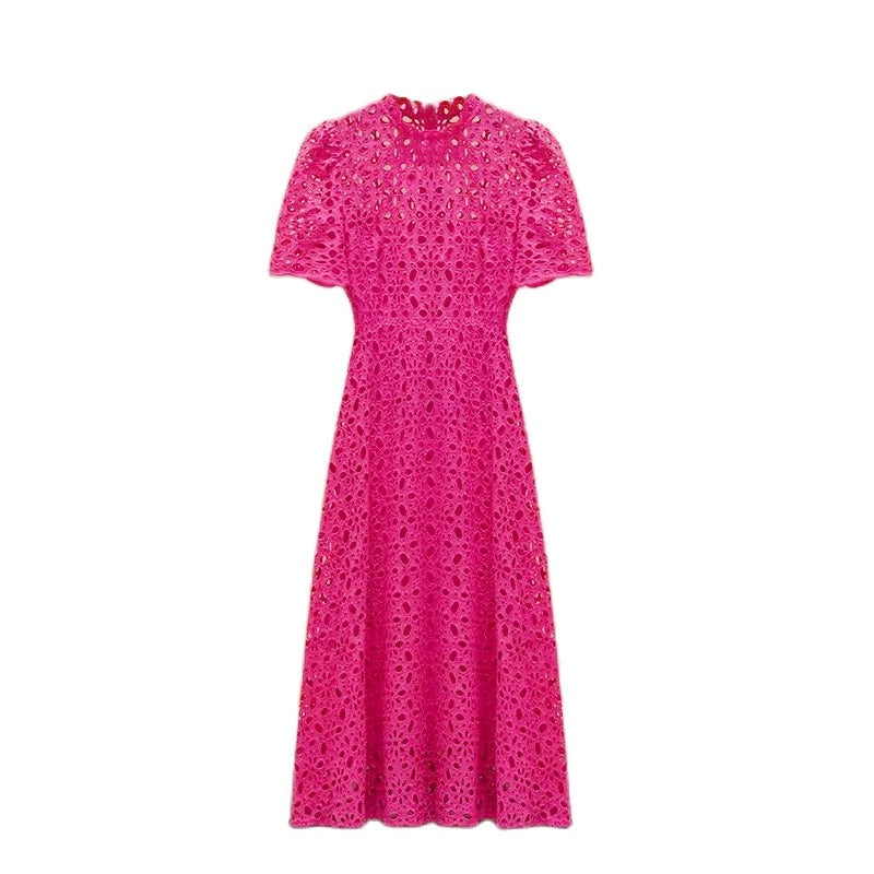 High Quality Three Quarter Sleeve Embroidered Fuchsia Long Elegant Midi Dress