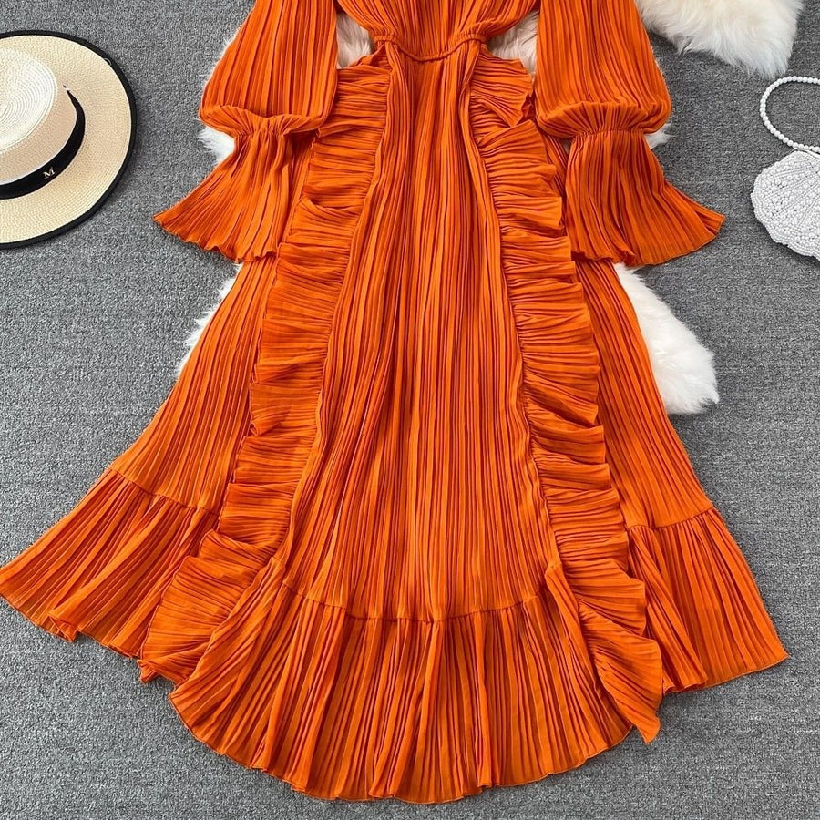 High Quality Ruffled Irreful Hem Elegant French Style Solid Striped Open Stitch Dress