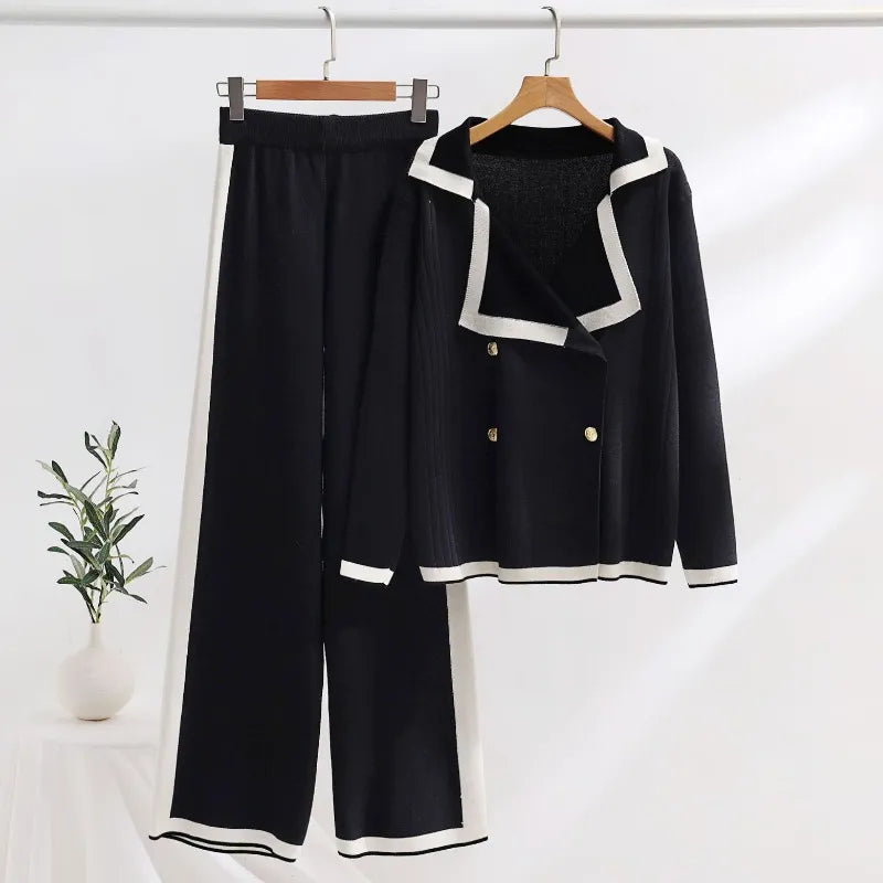 Lapel Casual Lazy Tops Sweater  female Pants Set Winter New Fashion Color-block Long-sleeved Pants Women Two-piece Set Elegant