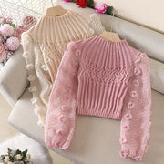 High quality sweet floral puff sleeves half high neck sweater