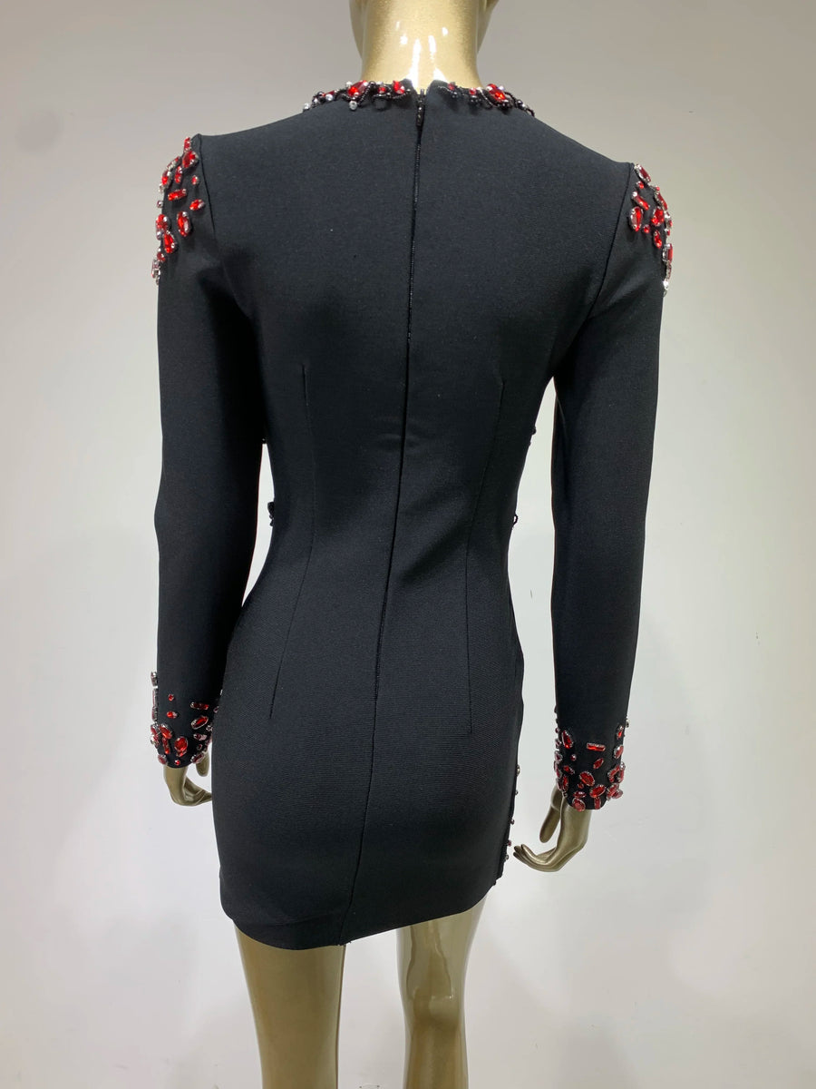 High Quality Elegant V Neck Long Sleeve Sexy Diamond Beading Black Bandage Mini Dress Black / XS High Quality Elegant V Neck Long Sleeve Sexy Diamond Beading Black Bandage Mini Dress Black / XS