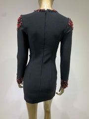 High Quality Elegant V Neck Long Sleeve Sexy Diamond Beading Black Bandage Mini Dress