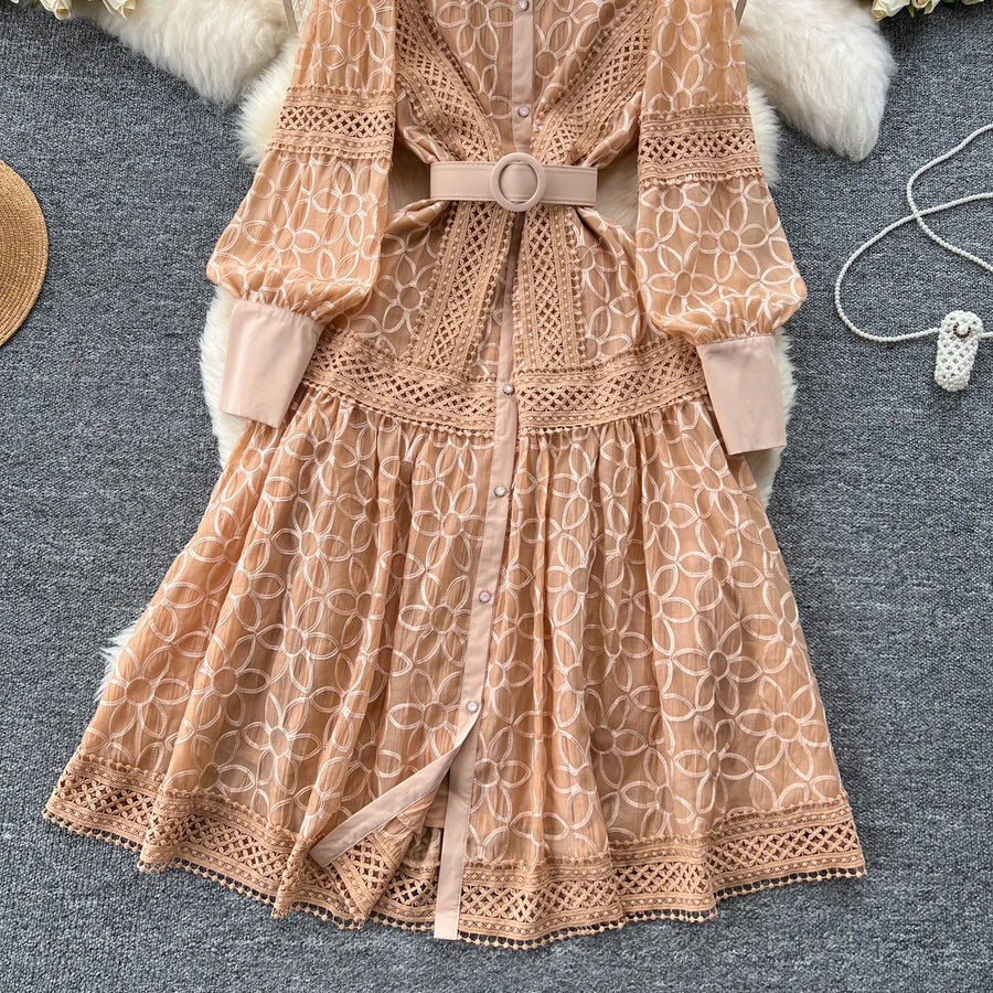 Elegant round neck fitted long dress, vintage style, long lantern sleeves, embroidery, single breasted, French evening style