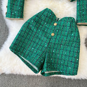 Two Piece Set Luxury Plaid Sequin Tweed Jacket+High Waist Shorts