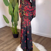 Women Full Sleeve Floral Print V-neck Elegant Long Dress Ruched Holiday Birthday Evening Sexy Party Dresses Vestidos