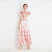 High Quality Sleeveless Ruffle Belted Flower Maxi Dress